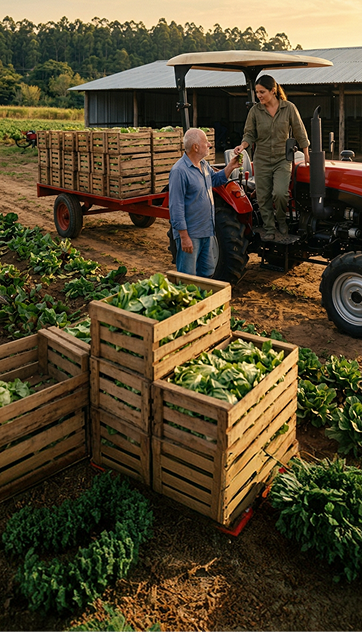 Agricultores reunidos diante do trator ao pôr do sol