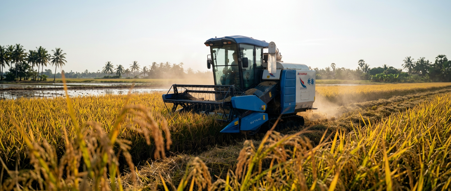 Colheitadeira compacta azul colhendo uma lavoura de arroz madura