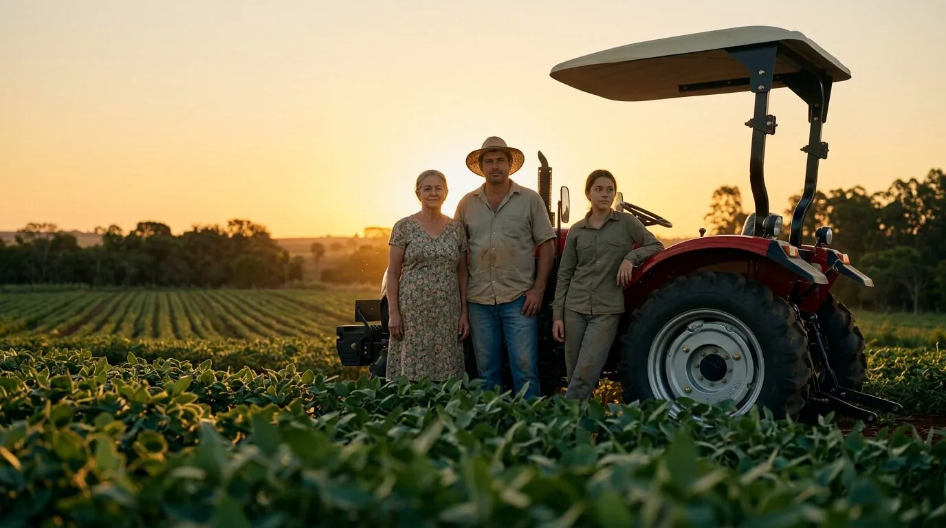 Família de produtores ao lado de um trator compacto vermelho em uma lavoura ao entardecer