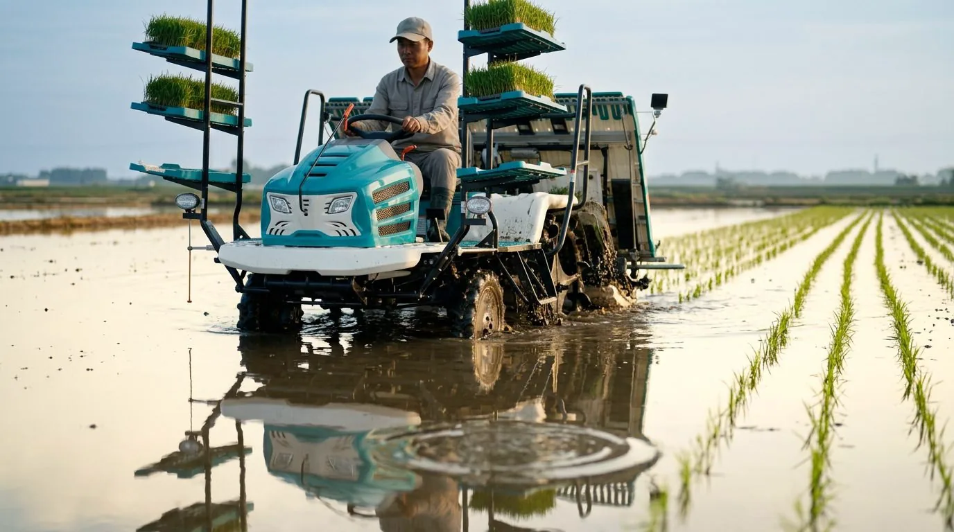 Transplantadora de arroz embarcada plantando mudas em lavoura alagada