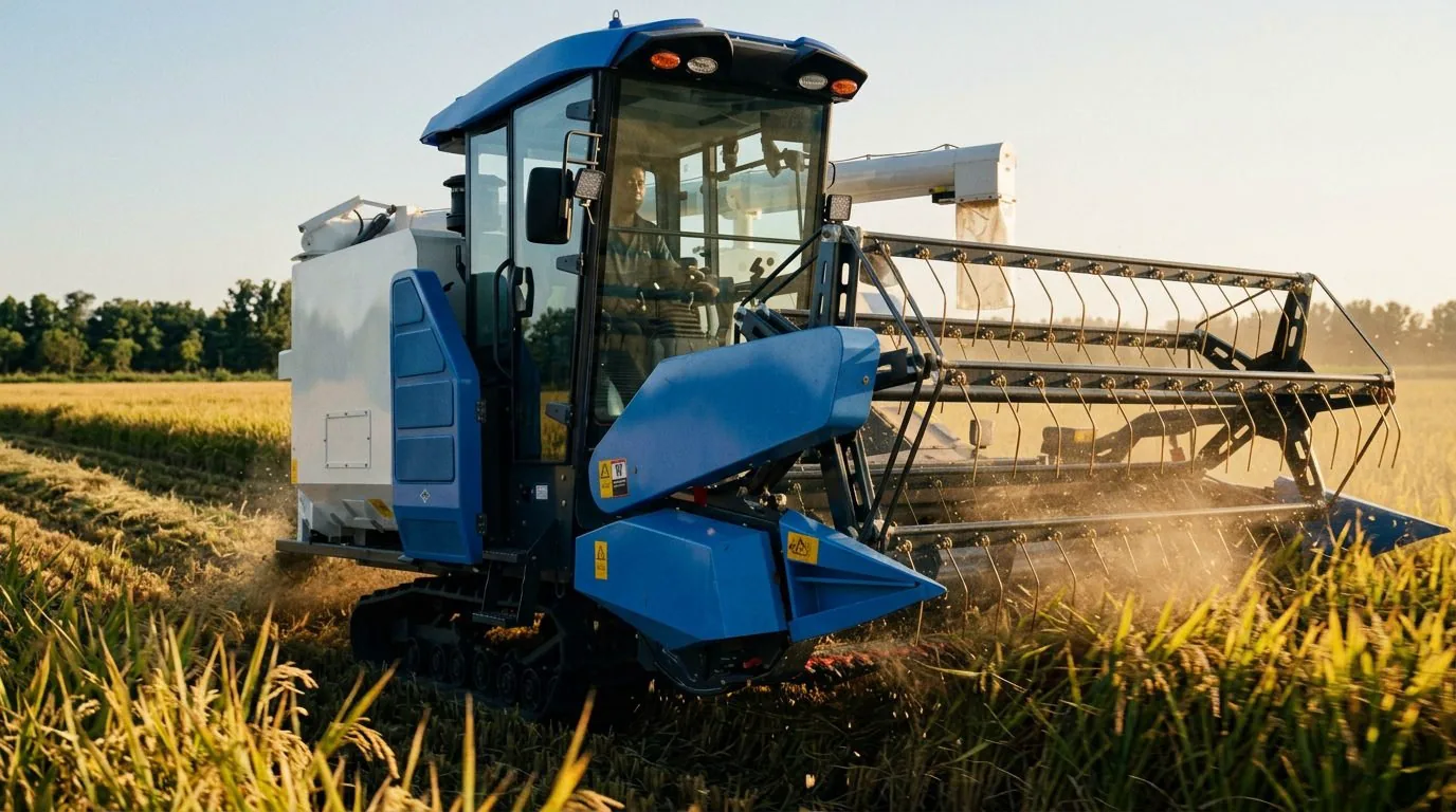 Colheitadeira compacta de esteiras colhendo uma lavoura de arroz madura