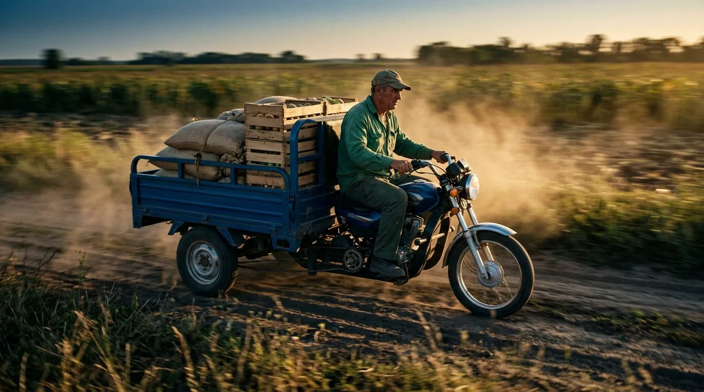 Triciclo de carga levando sacas e caixas da produção por uma estrada de terra
